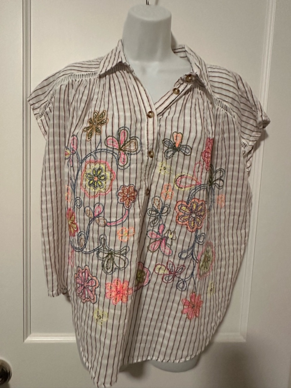 Anthropologie Striped Button-Up Top in White with Pink & Black Stripes